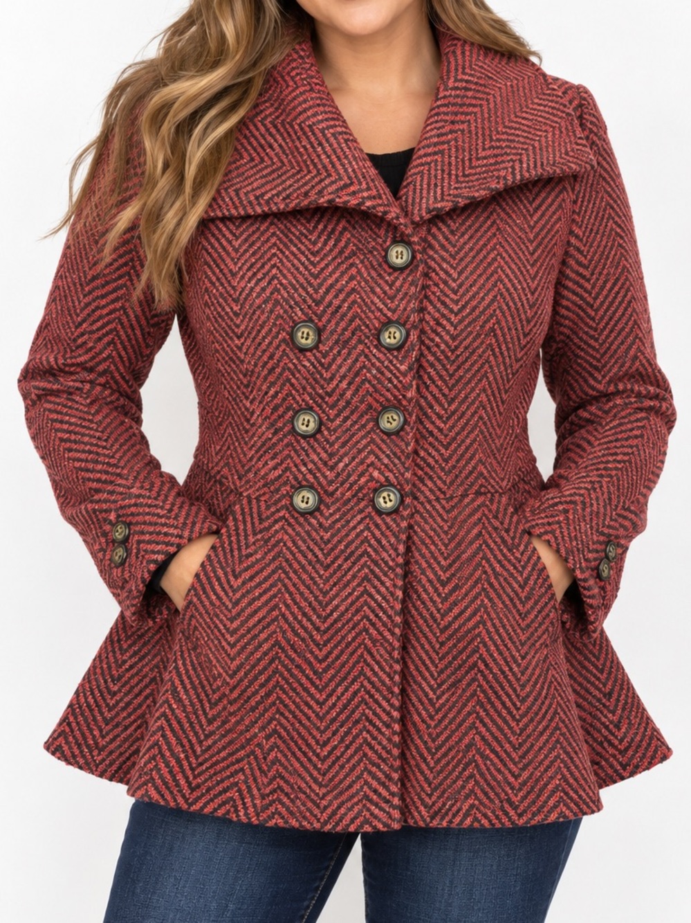 Me Jane Herringbone Double Breasted Peplum Coat Jacket Women’s M